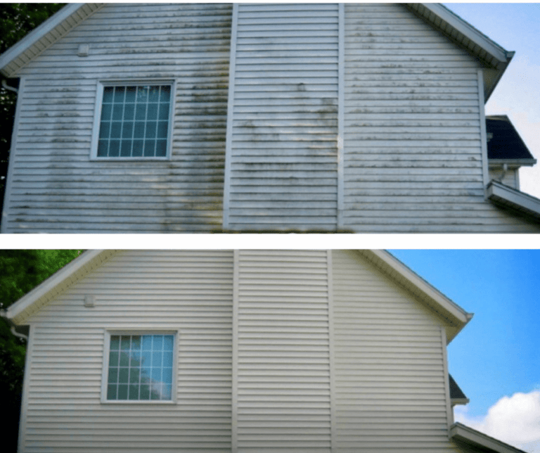 Before and after professional soft wash and house washing services on a home exterior in Port Clinton Ohio