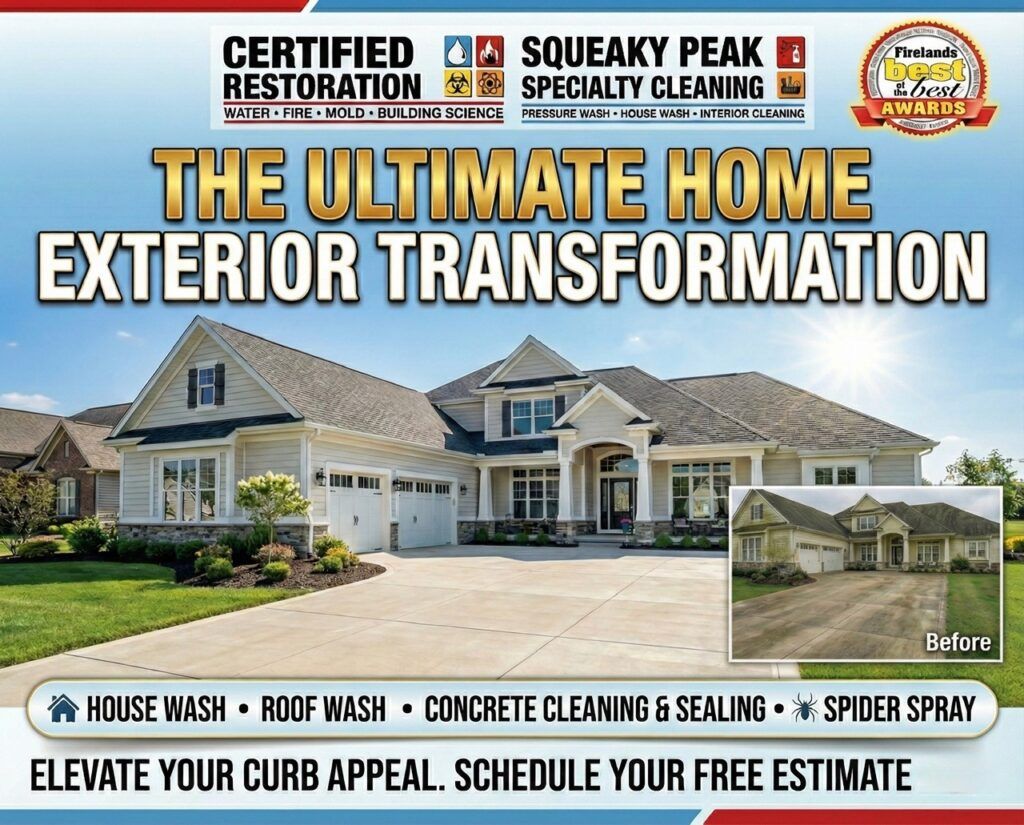 The ultimate home exterior transformation by Certified Restoration & Squeaky Peak. Award-winning concrete cleaning, driveway sealing, roof washing, and house washing in Port Clinton Ohio