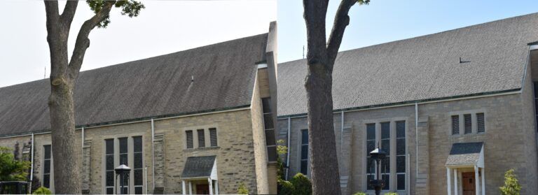Before and after professional soft wash roof cleaning removing black algae on a church in Bellevue OH.