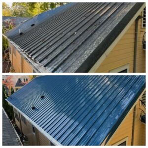 Before and after results of our professional roof cleaning removing black algae streaks in Lakeside Ohio.