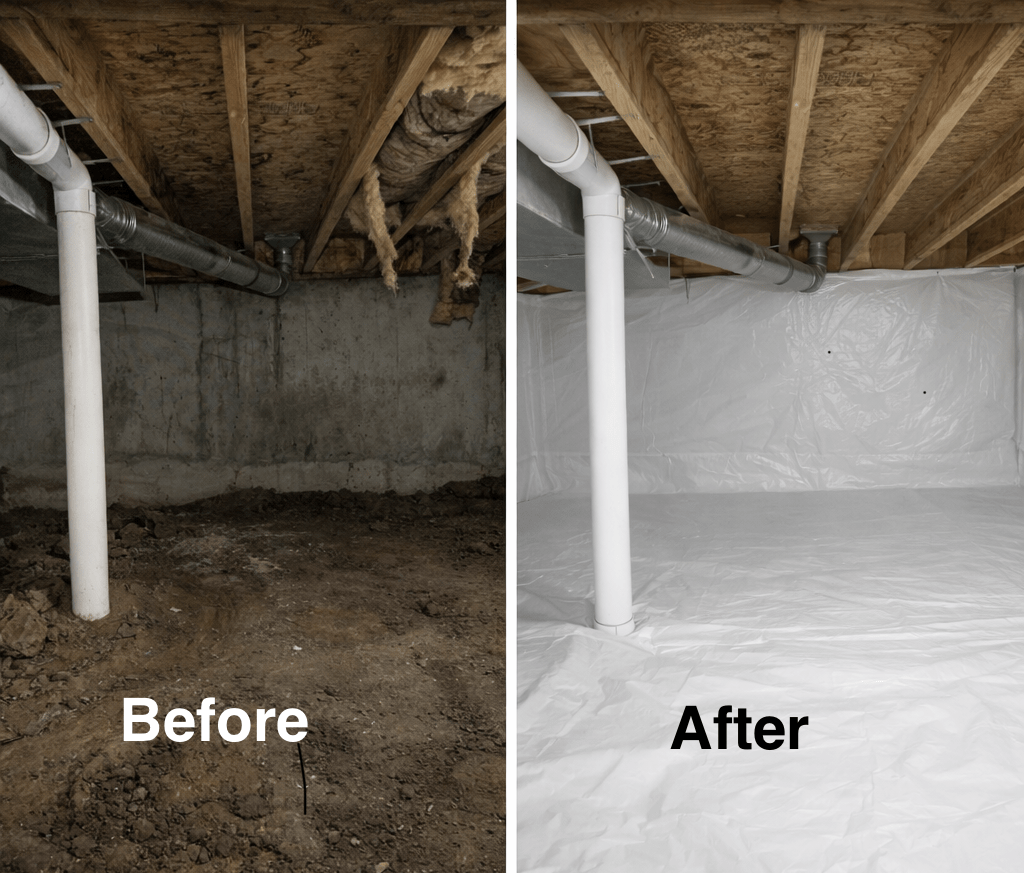 Before and after professional crawl space encapsulation and moisture mitigation by Certified Restoration & Squeaky Peak