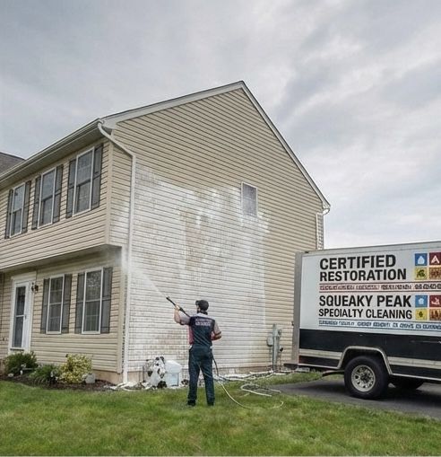 Certified Restoration & Squeaky Peak technician providing professional soft wash house washing services in Sandusky, Ohio.