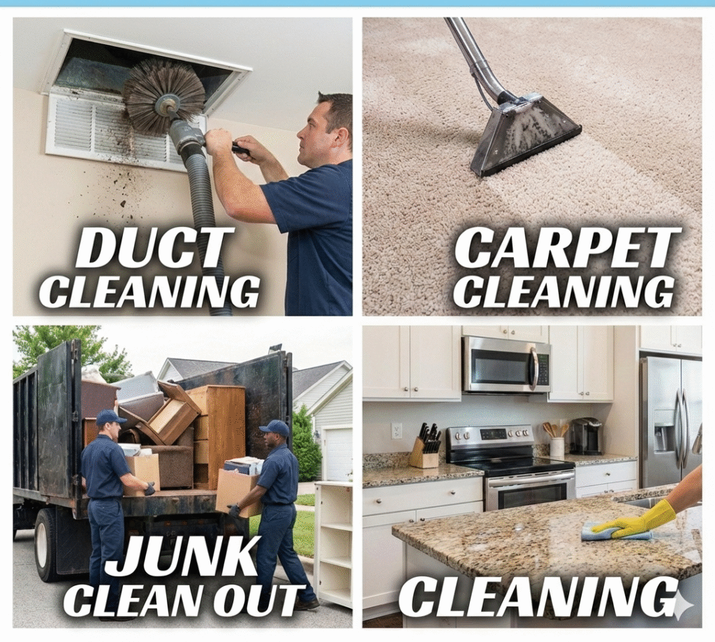 Professional Interior Professional interior cleaning services including air duct cleaning, carpet cleaning, junk clean outs, and general cleaning.