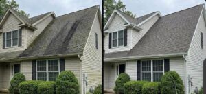 Amazing before and after difference using our soft wash professional roof cleaning service. Norwalk, Ohio by Certified Restoration & Squeaky Peak